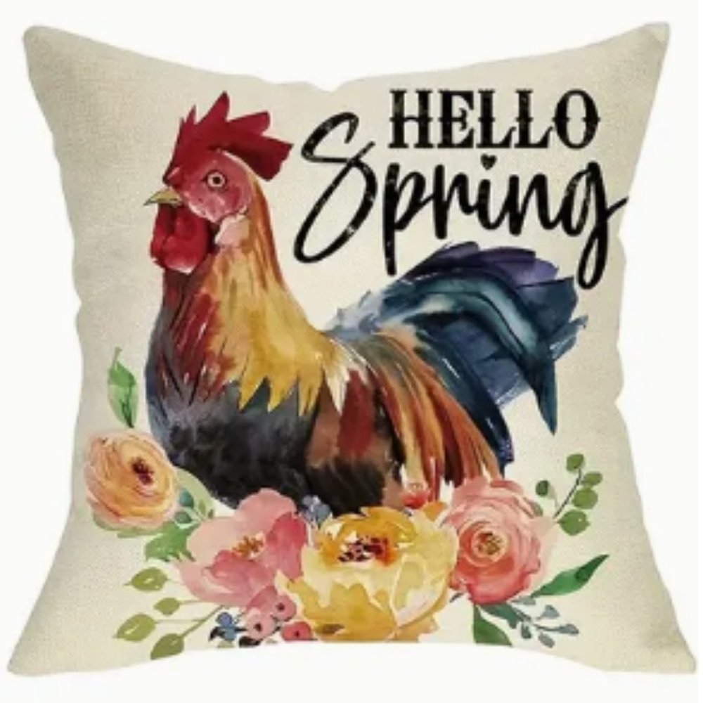 NEW HELLO SPRING ROOSTER FLORAL FARMHOUSE RUSTIC LINEN DECOR PILLOW COVER 17.7"